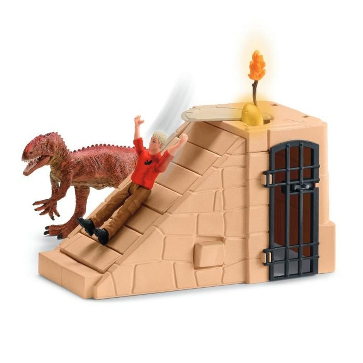 Ein Spielzeug zeigt einen Dinosaurier, eine Figur, die eine Struktur hinunterrutscht, und ein Gebäude mit Licht.