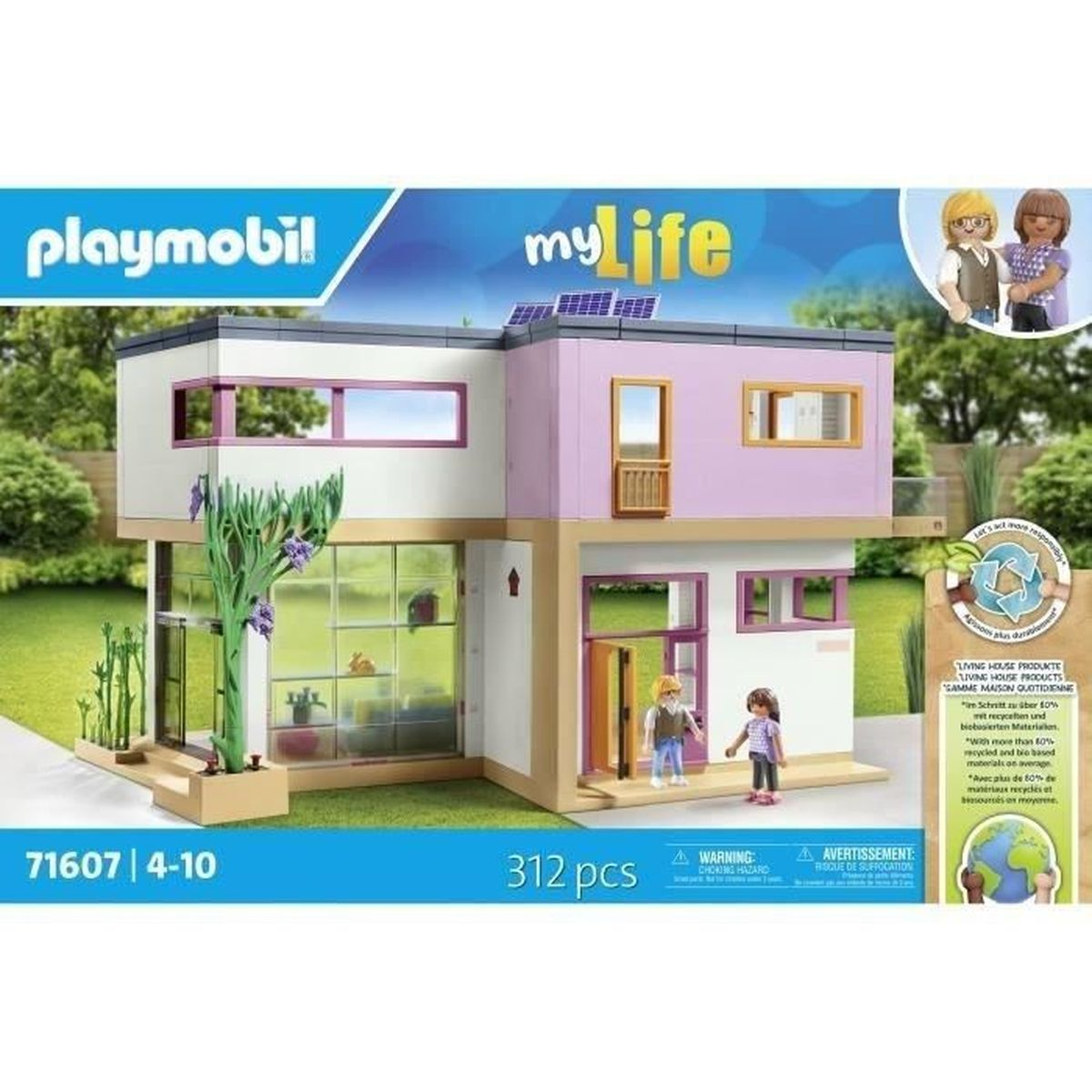 Playmobil My Life Haus-Set. Ein zweistöckiges modernes Haus in Weiß und Lila mit Figuren vor der Tür.