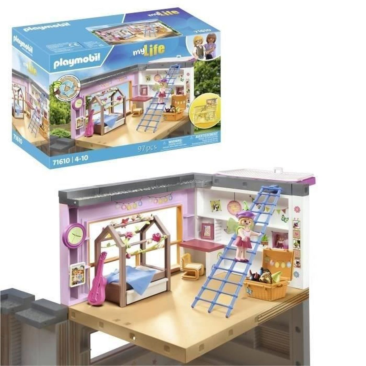 Playmobil My Life Spielset. Enthält ein Puppenhaus mit Möbeln, eine Leiter und eine Figur, die klettert. Eine Box zeigt das gesamte Set.