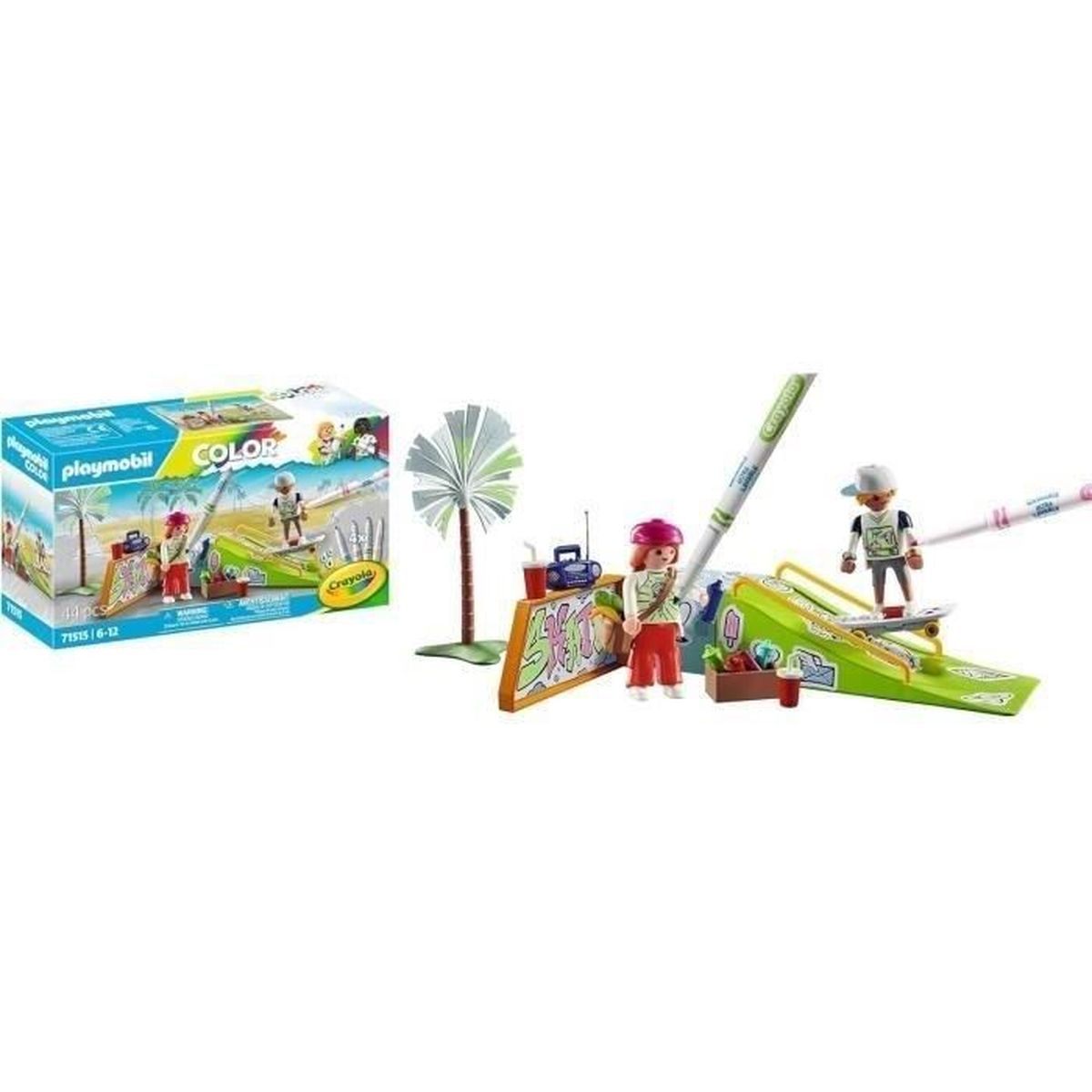 Playmobil Color Skatepark-Set. Enthält Figuren, Rampen und einen Crayola-Marker. Es gibt ein Schild, eine Palme und eine Box.