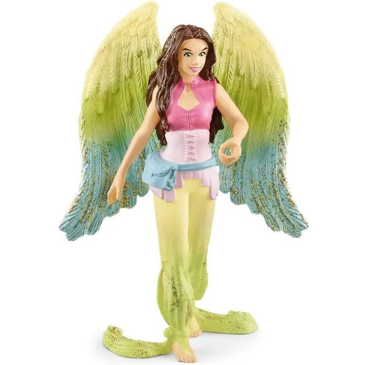 Eine Figur einer Frau mit Flügeln, die ein rosa Oberteil, ein weißes Korsett und gelbe Hosen trägt. Ihre Flügel sind grün und blau.