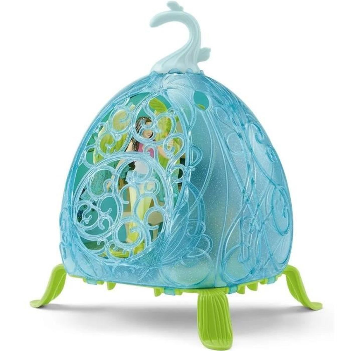 Ein blaues Spielzeugkäfig mit grünen Beinen und Details. Im Inneren befinden sich kleine Figuren, die ein Märchenmotiv andeuten.