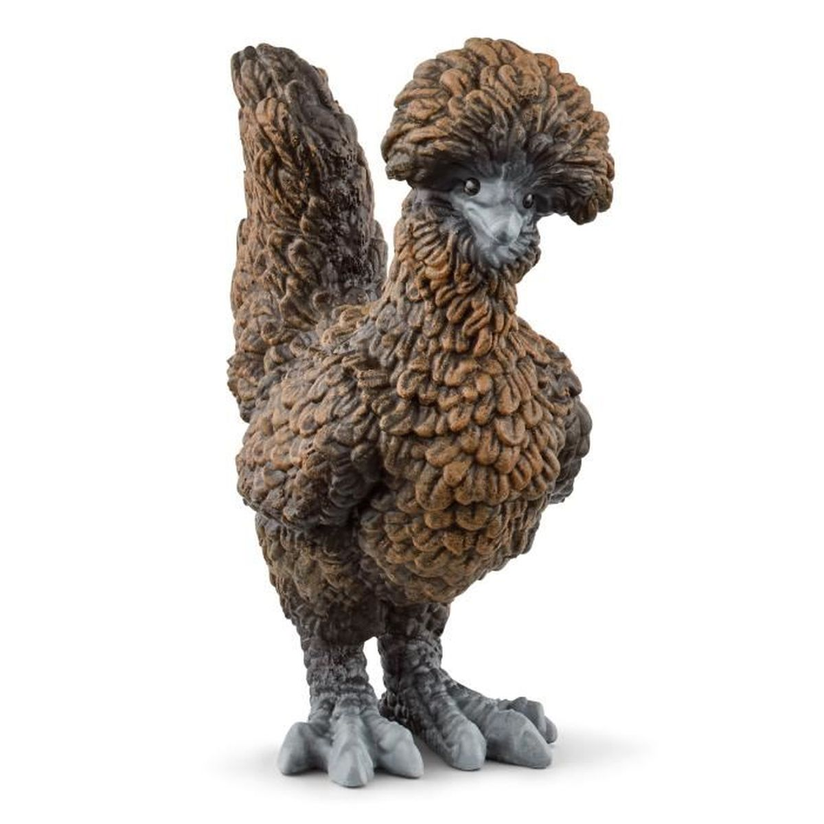Eine braune Hühnerfigur mit einem flauschigen Kopf und strukturierten Federn steht auf einer weißen Oberfläche.