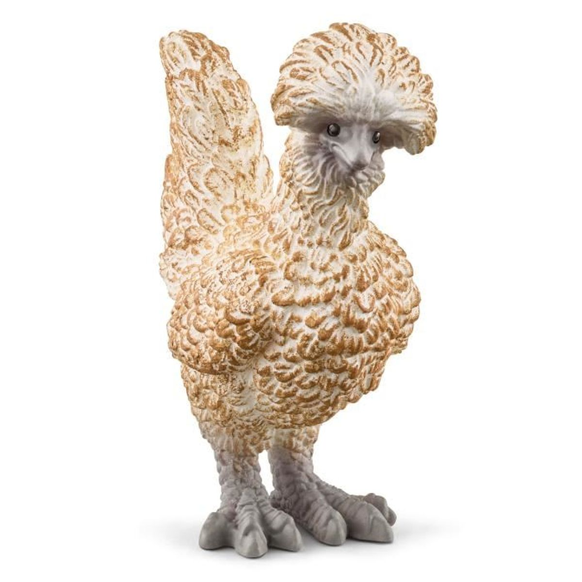 Ein Spielzeug-Huhn mit weißen und goldenen Federn. Es hat einen flauschigen Kamm und graue Füße, die auf weißem Hintergrund stehen.