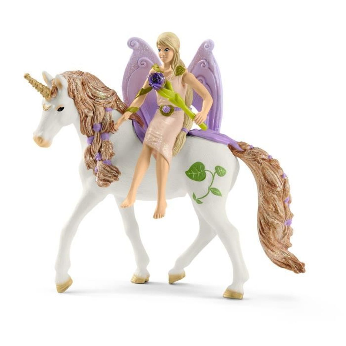Ein weißes Einhorn mit einer blonden Fee. Die Fee trägt ein rosa Kleid und hält eine Blume. Das Einhorn hat braunes Haar und ein goldenes Horn.