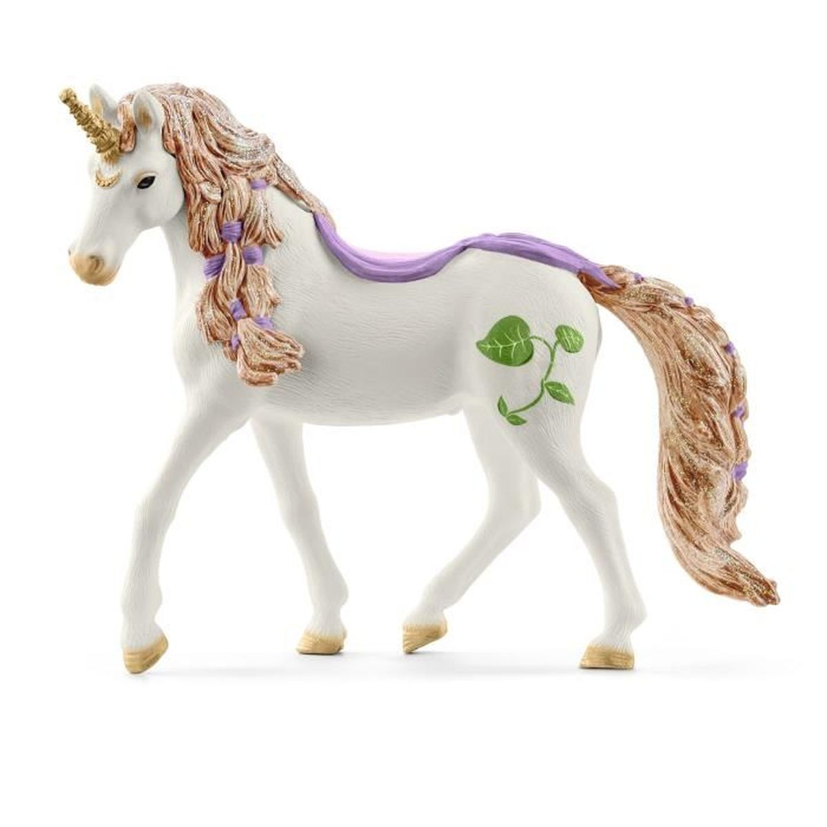 Ein weißes Einhorn-Spielzeug mit goldenem Horn und Mähne. Es hat einen lila Sattel und ein grünes Blattdesign.