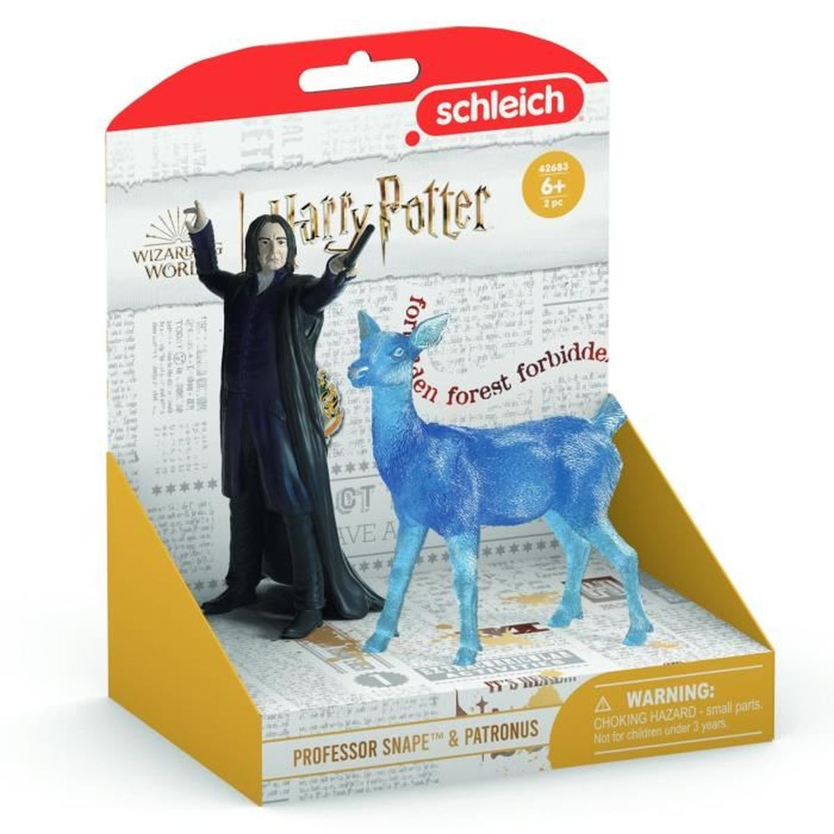 Un set di giocattoli di Harry Potter. Include una figura del Professor Snape e un cervo Patronus blu. Le figure sono all'interno di un'esposizione di cartone.