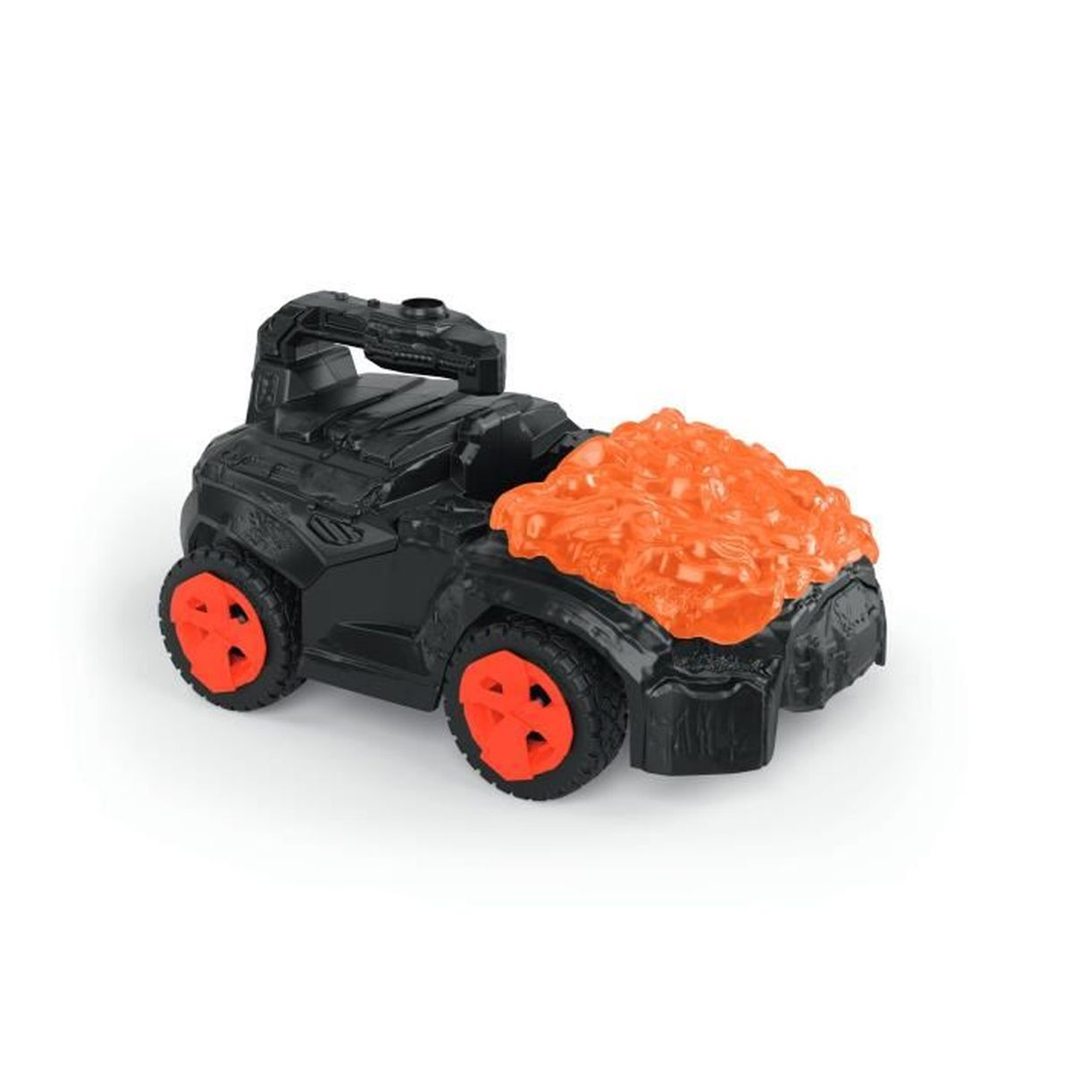 Ein schwarzes Spielzeugauto mit orangefarbenen Rädern und einer strukturierten orangefarbenen Oberseite, vor weißem Hintergrund.