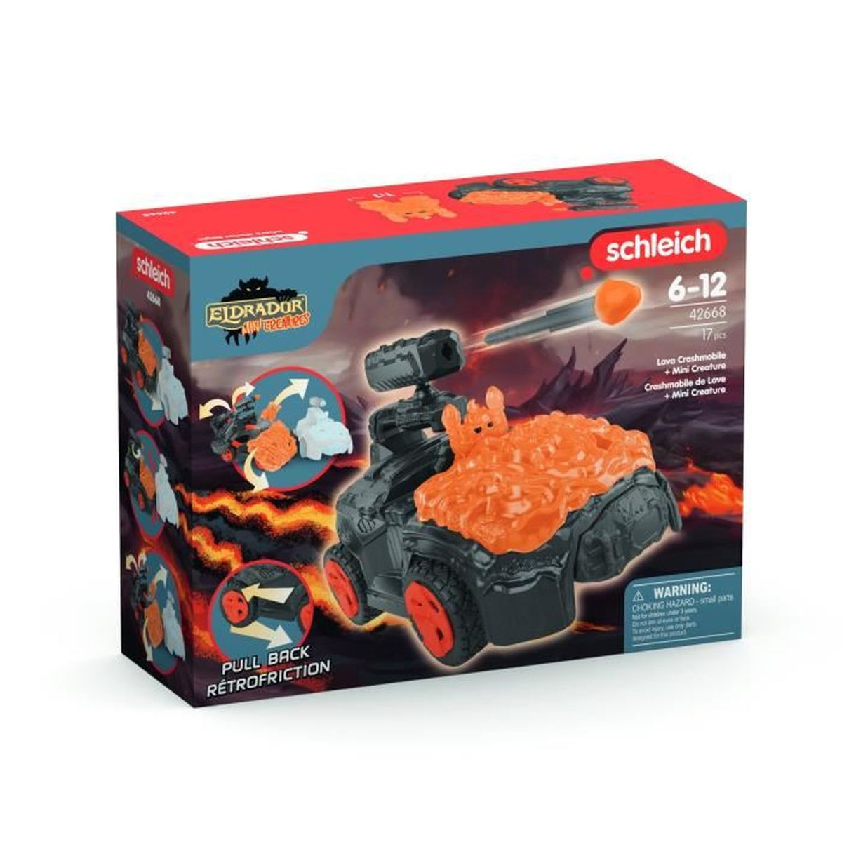 Eine Spielzeugkiste mit einem Monster-Truck zum Thema Lava. Die Box zeigt den Truck mit orangefarbenen Lava-Details und einem kleinen Geschöpf.