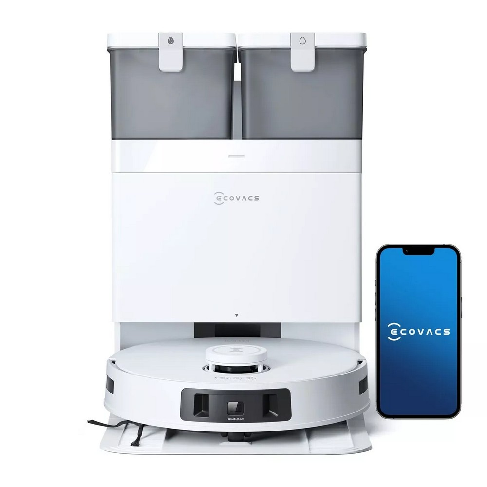 Un robot aspirapolvere Ecovacs bianco con due contenitori grigi. Un telefono mostra il logo Ecovacs.