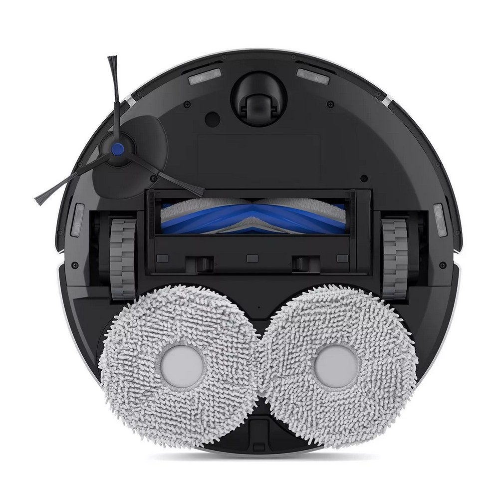 Parte inferiore di un robot aspirapolvere. Include due mop rotanti, una spazzola, ruote e una spazzola per la pulizia blu e grigia.