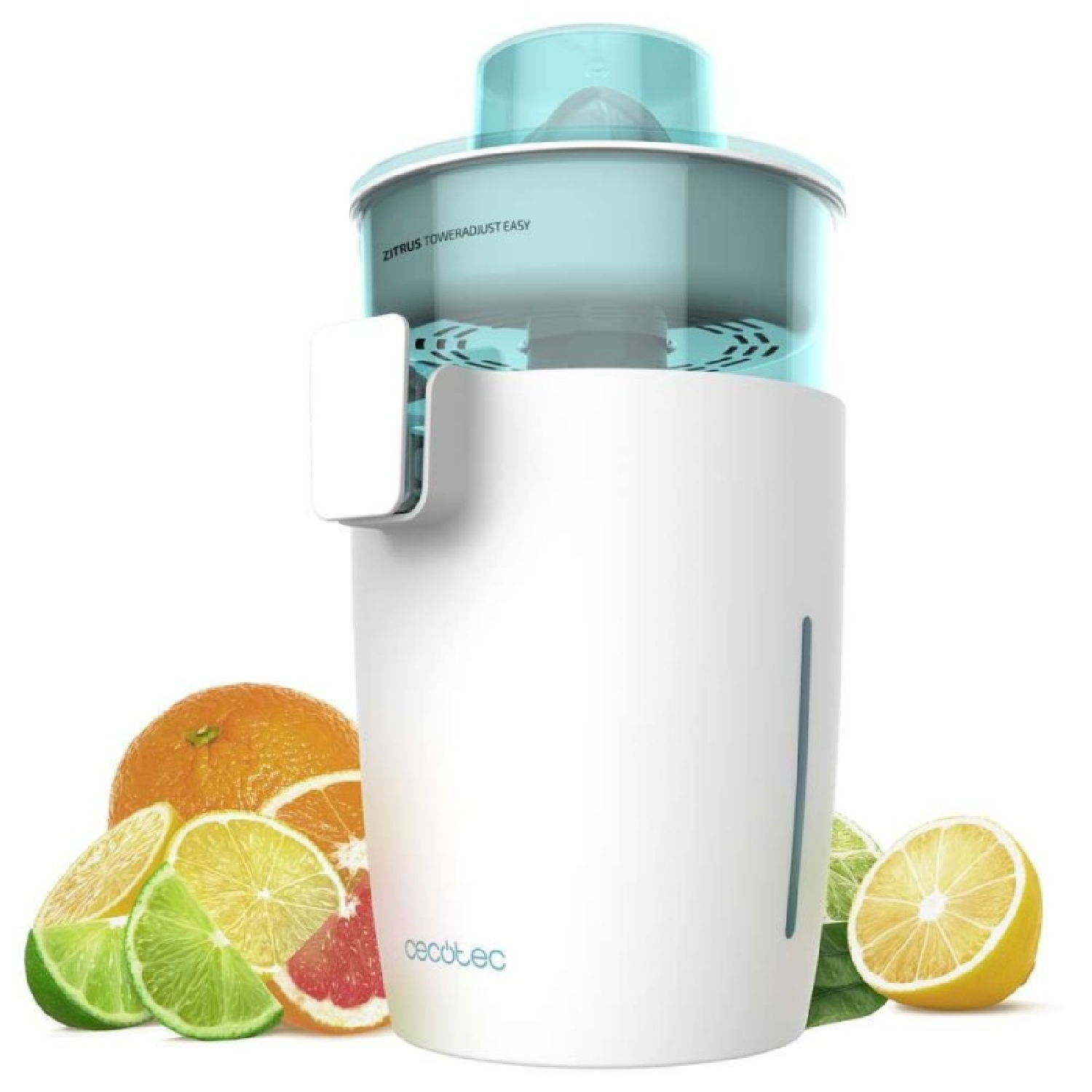 Uno spremiagrumi bianco e blu con agrumi. Fette di arancia, limone, lime e pompelmo vicino allo spremiagrumi.