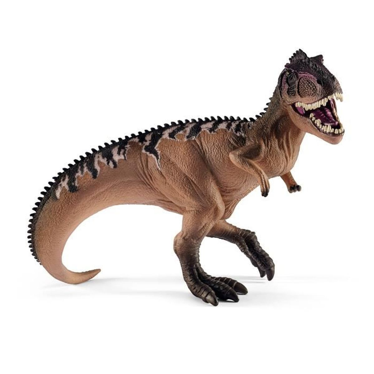 Un giocattolo di dinosauro marrone e nero su sfondo bianco. Ha la bocca aperta con denti bianchi.