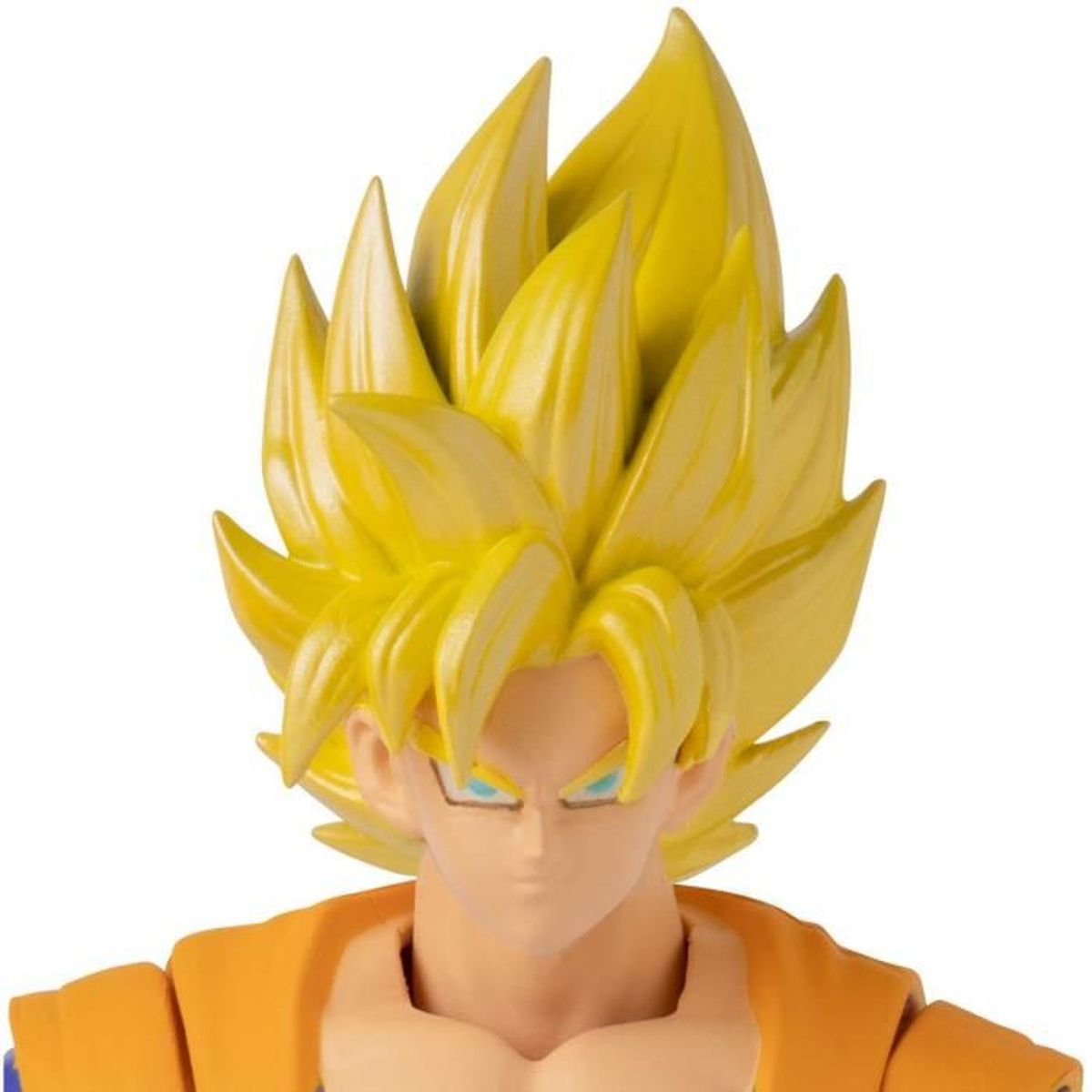 Nahaufnahme des Gesichts einer Goku-Figur mit stacheligem gelbem Haar, blauen Augen und orangefarbenem Outfit, nach vorne gerichtet. Der Hintergrund ist weiß.