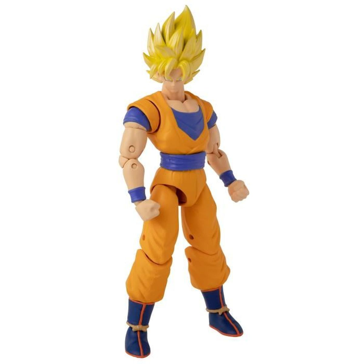 Eine Goku-Actionfigur in orange und blauer Kleidung. Die Figur steht mit stacheligem gelbem Haar, Fäusten und einem intensiven Blick da.