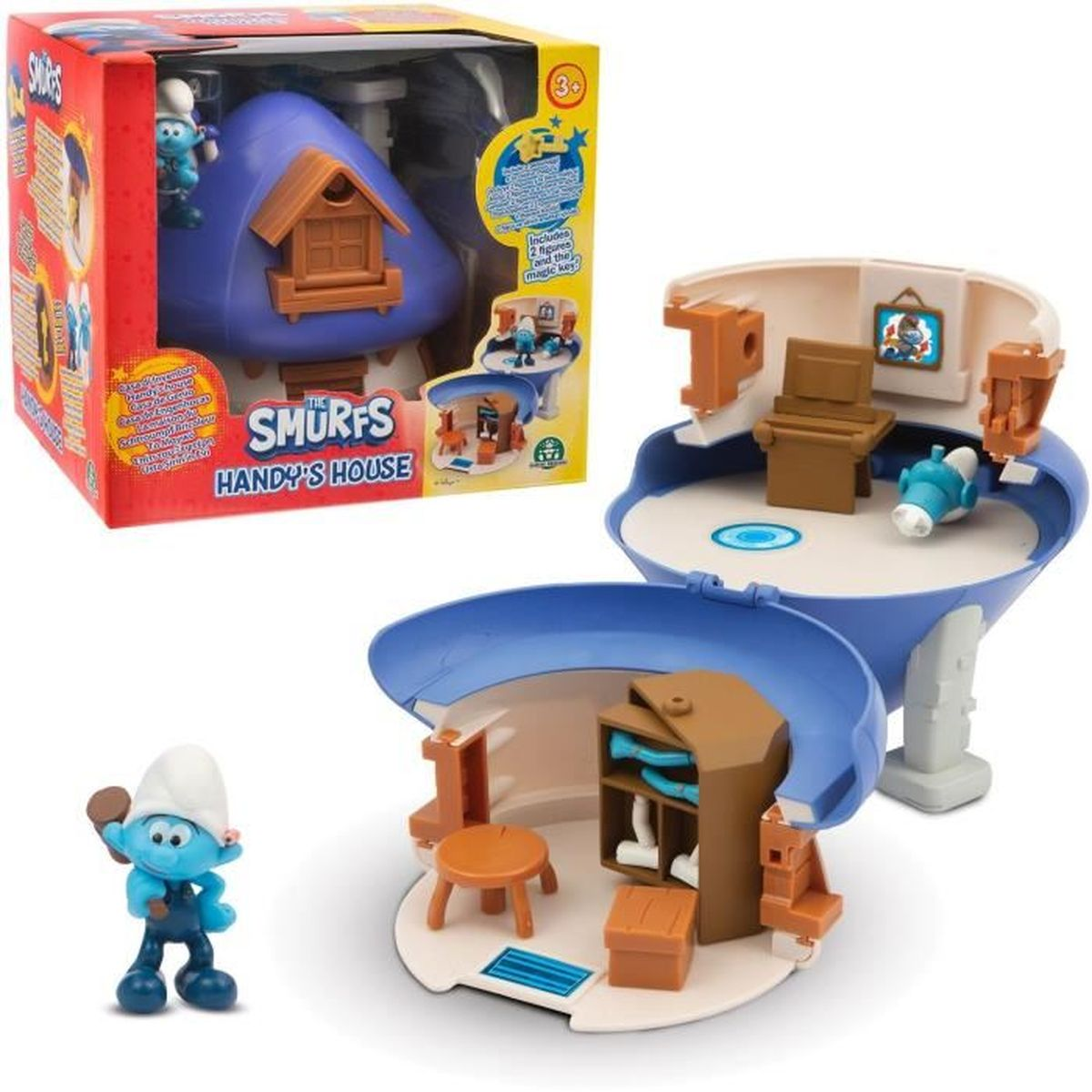 Smurfs Handys Haus-Spielset. Enthält ein blaues Pilzhaus, Schlümpfe-Figuren und Möbel. Eine Spielzeugkiste mit dem Schlumpf links.