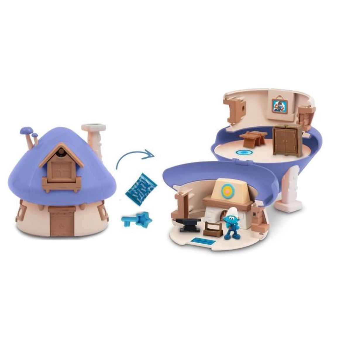 Ein Spielzeug-Set mit einem Schlumpfhaus. Es zeigt das geschlossene Haus, ein offenes Haus mit einer Schlümpfe-Figur und Zubehör.