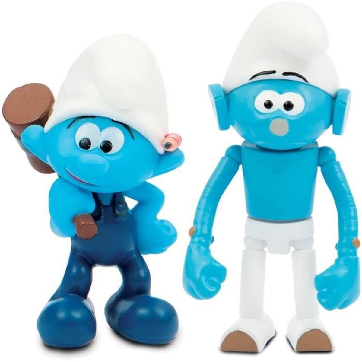 Zwei Schlumpf-Figuren. Einer hält einen Hammer, trägt eine Latzhose. Der andere hat eine weiße Hose und steht. Beide haben weiße Hüte und blaue Haut.