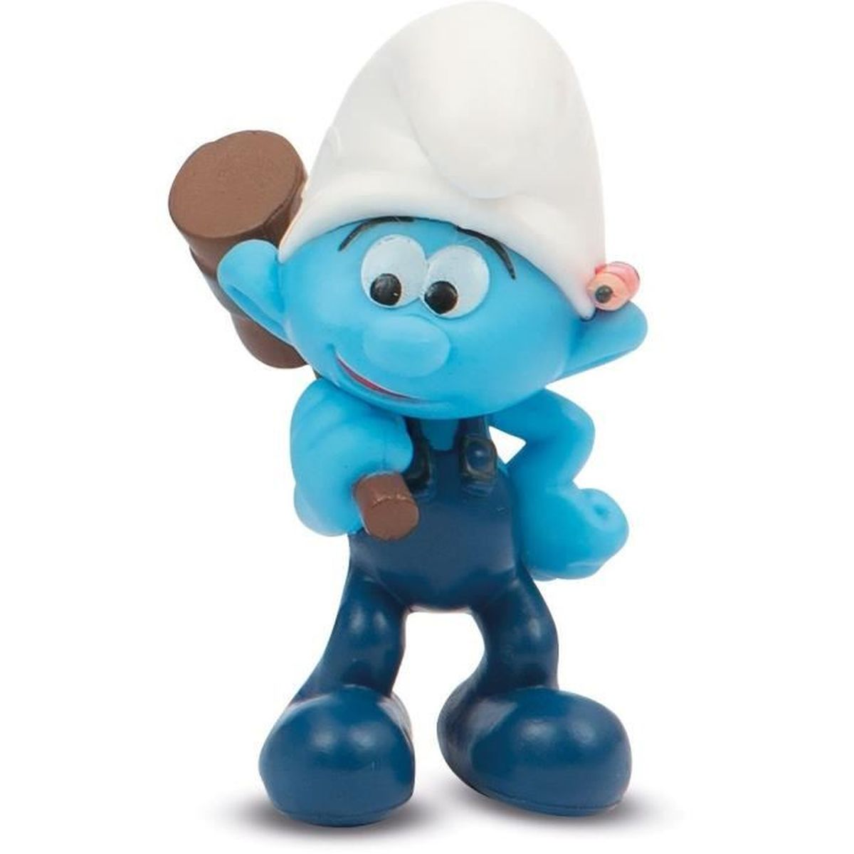 Eine blaue Schlumpffigur, die einen braunen Hammer hält. Sie trägt eine blaue Latzhose und eine weiße Mütze. Eine rosa Blume auf dem Ohr.