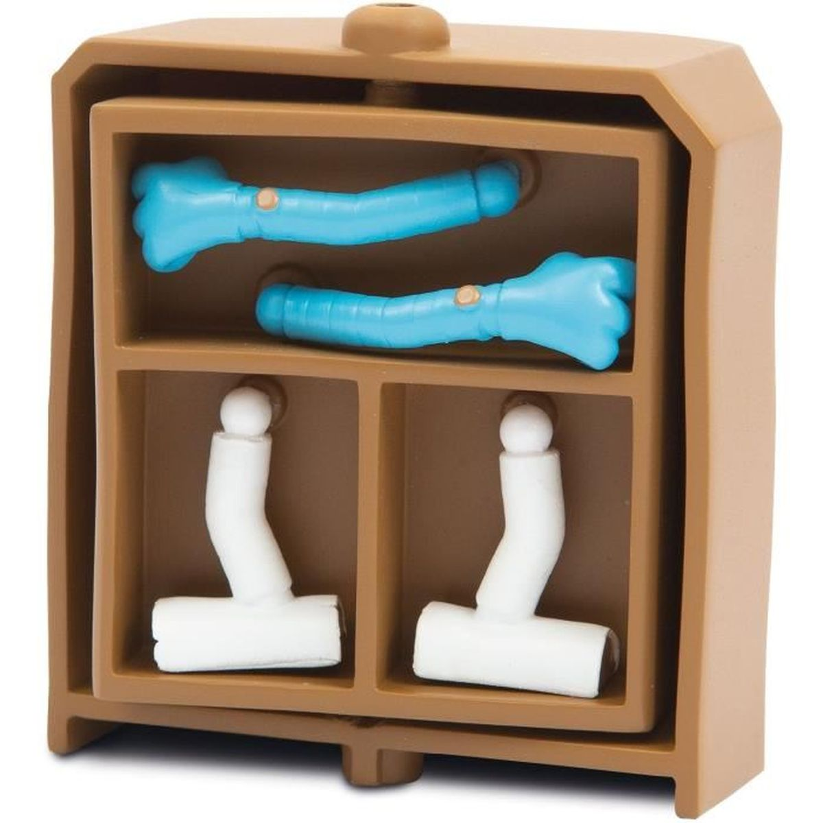 Ein brauner Schrank mit Regalen enthält zwei blaue armförmige Spielzeuge und zwei weiße T-förmige Teile.
