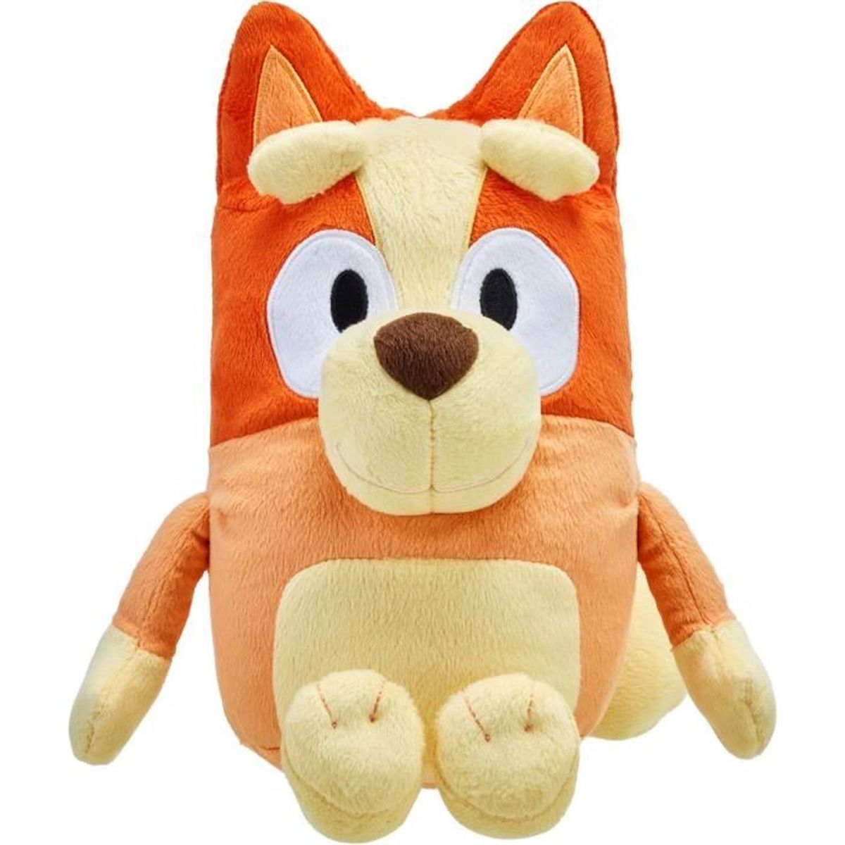 Un chien en peluche avec une fourrure orange et crème. Il a de grands yeux, un nez brun et des oreilles tombantes. Le chien est assis.