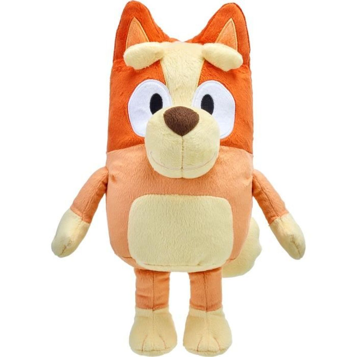 Une peluche d'un personnage de chien, de couleurs orange et crème. Il a des yeux noirs et un nez marron. Il est debout.