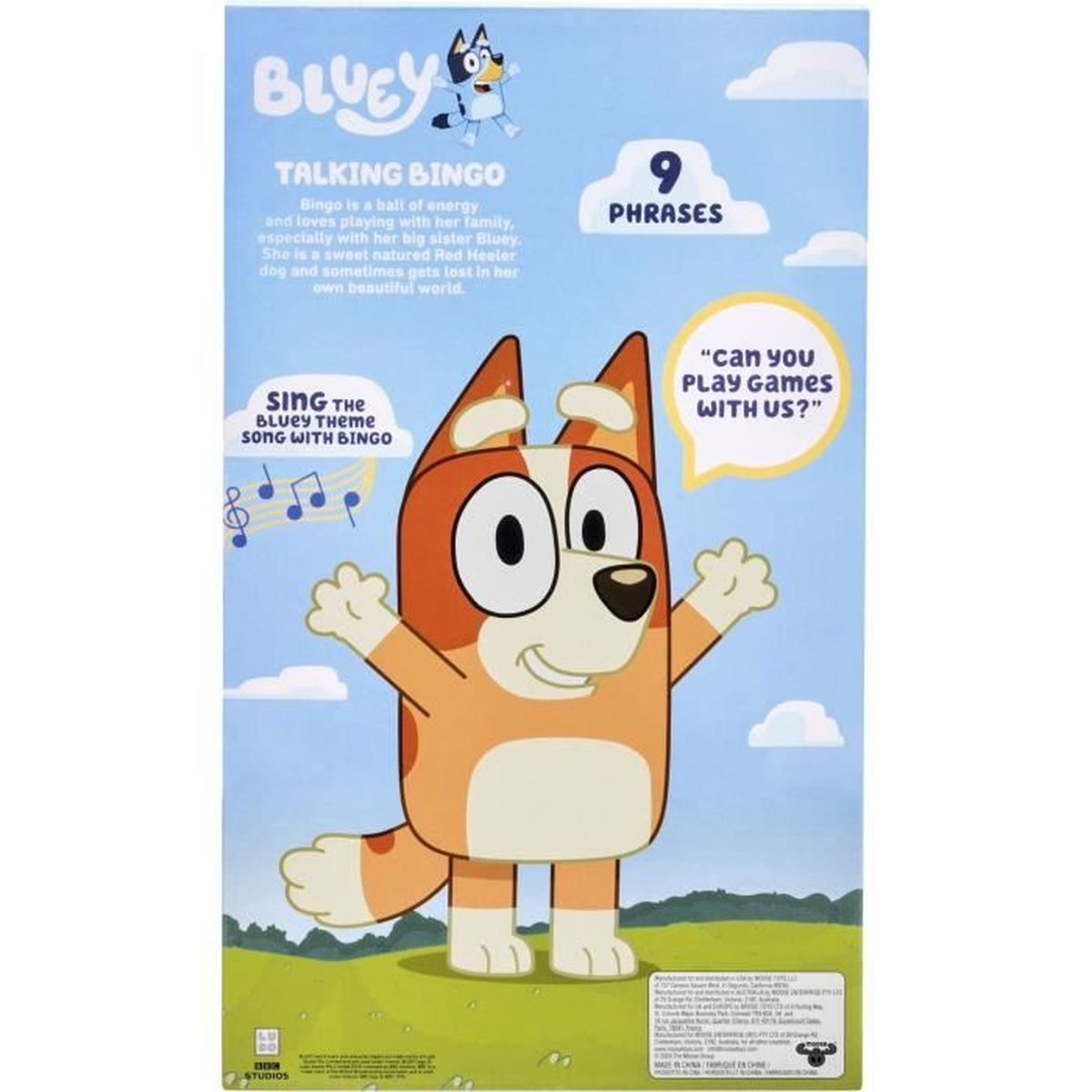 Une boîte de jouets Bluey Bingo. Bingo, un berger rouge, est sur la boîte, bras ouverts. Le texte comprend 'Talking Bingo' et '9 phrases'.