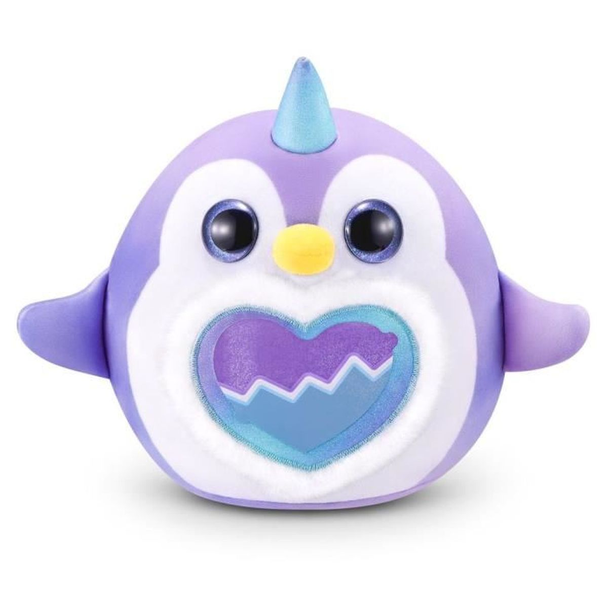 Ein lila pinguinartiges Spielzeug mit einem blauen Horn, großen Augen und einem herzförmigen Design auf dem Bauch.