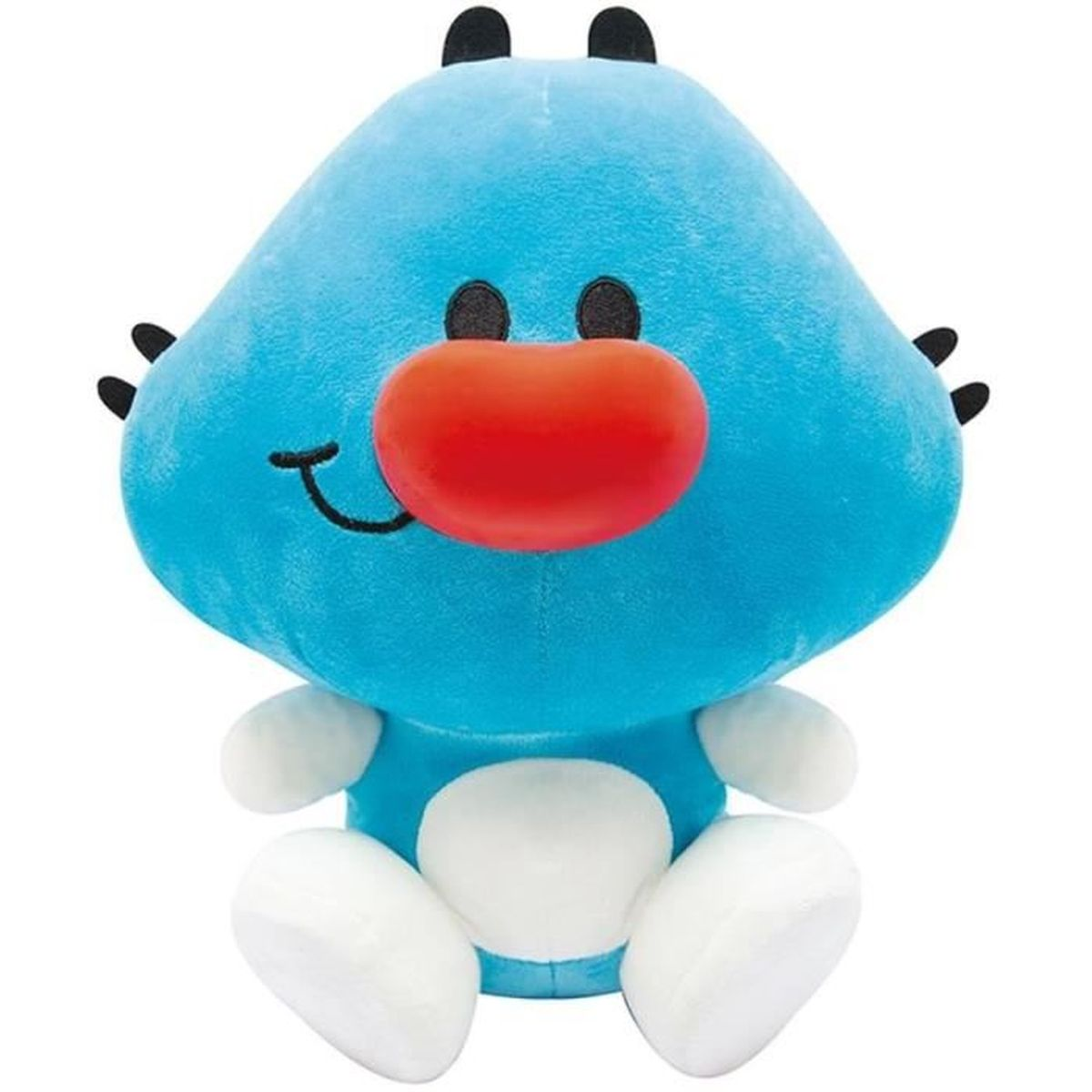 Ein blaues Plüschtier mit roter Nase, schwarzen Augen und Augenbrauen sowie weißem Bauch und Füßen. Es sitzt.