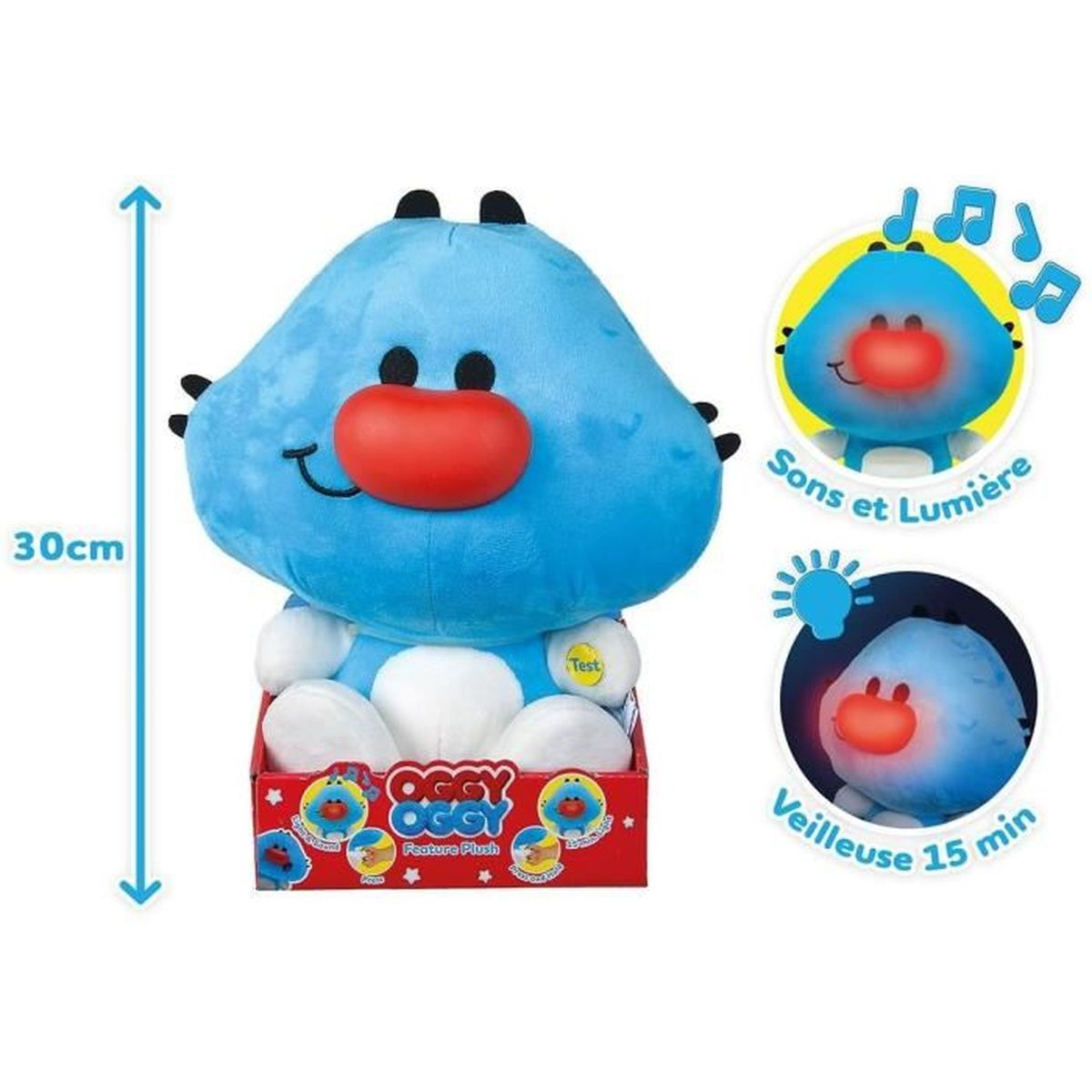 Ein blaues Oggy-Plüschtier mit roter Nase in einer roten Box. Es ist 30 cm groß und hat Sound- und Lichtfunktionen.