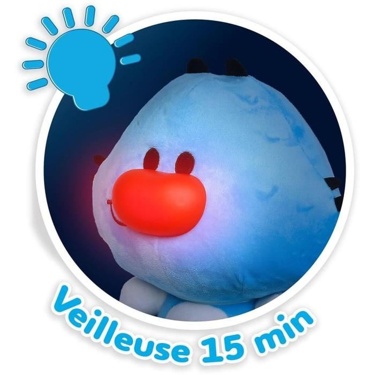Ein blaues Plüschtier mit roter Nase und kleinen Augen leuchtet in einem weiß umrandeten Kreis. Text: 'Veilleuse 15 min' und eine Glühbirne.