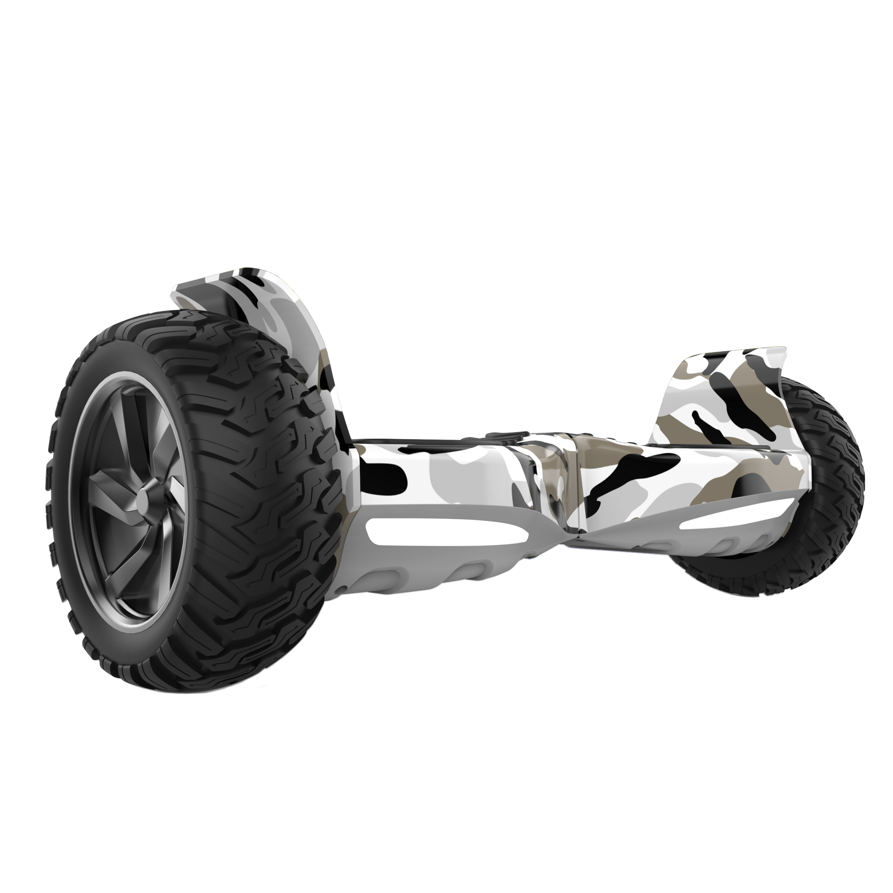 Ein Hoverboard mit Tarnmuster. Es hat zwei große schwarze Räder mit weißem Hintergrund.