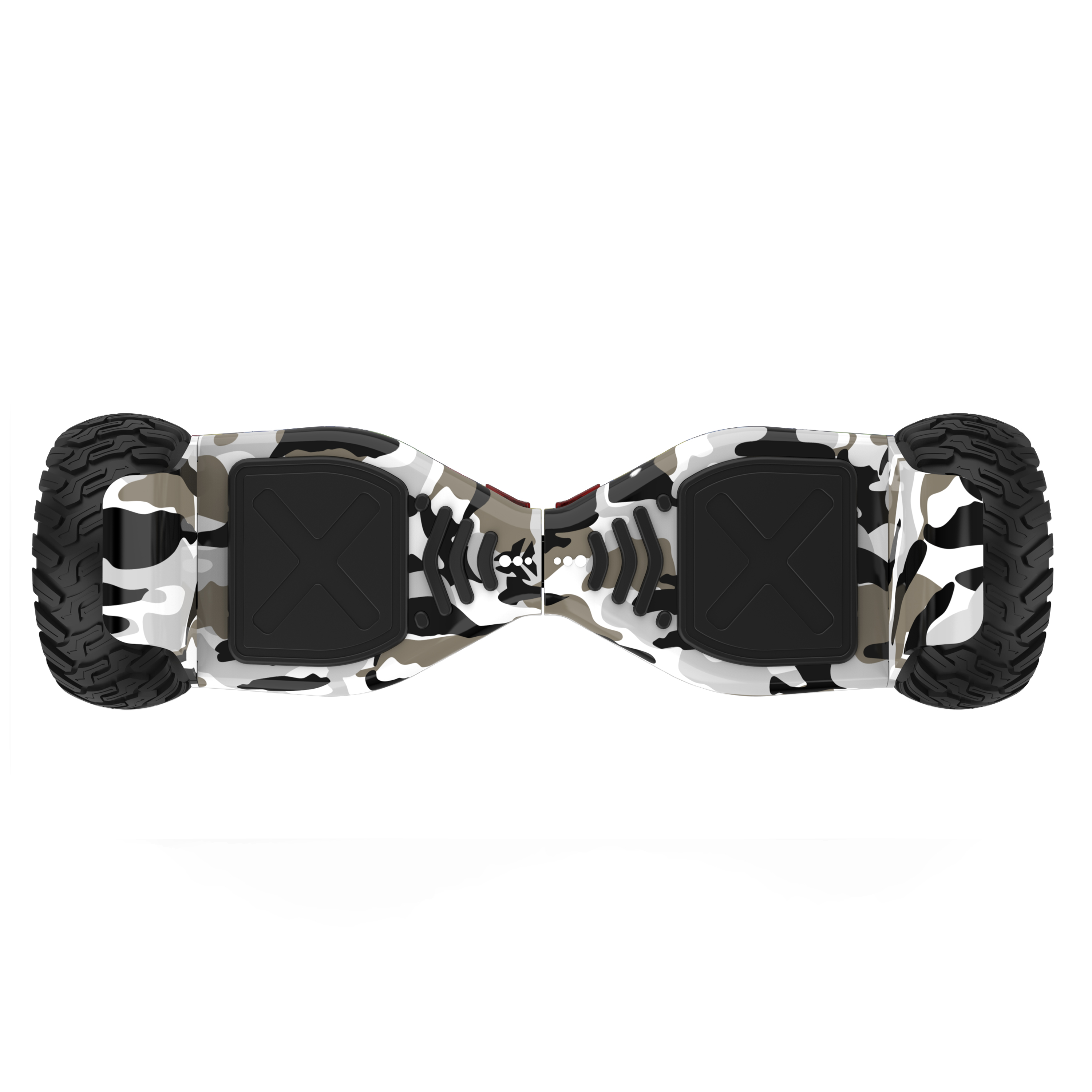 Ein Tarn-Hoverboard mit schwarzen Reifen und Fußflächen vor weißem Hintergrund.