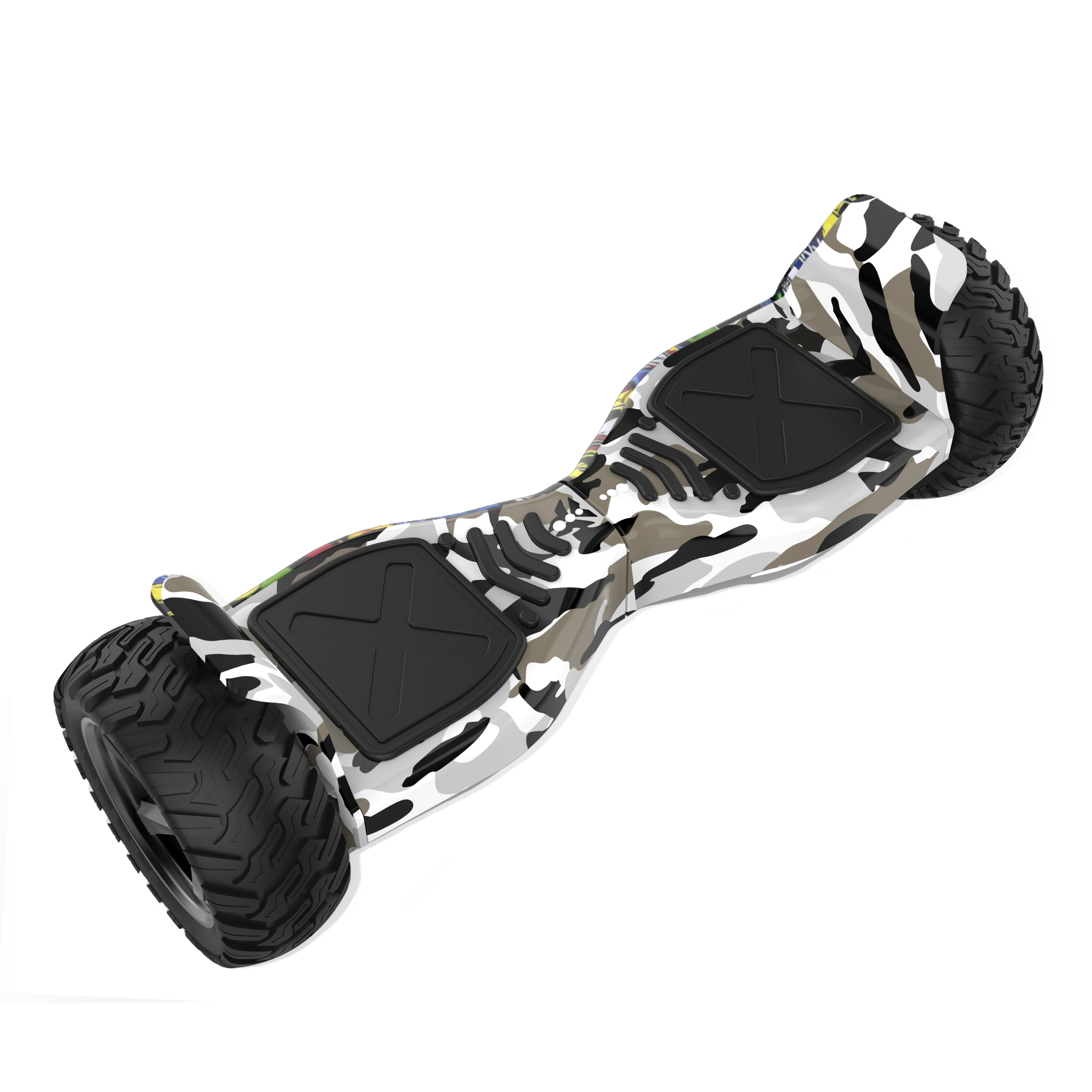 Ein Tarn-Hoverboard mit schwarzen Reifen und Fußstützen, vor weißem Hintergrund.