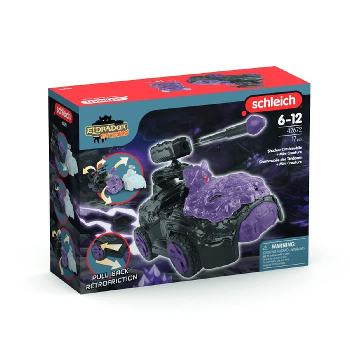 Una scatola di giocattoli con un veicolo nero e viola e una creatura viola. È un set di giocattoli Schleich per bambini dai 6 ai 12 anni.