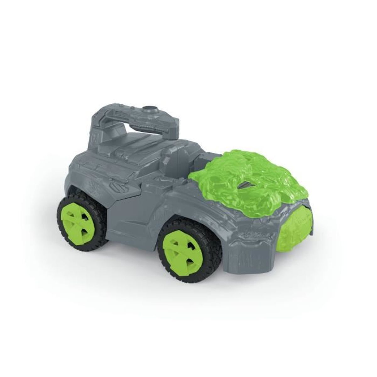 Ein graues Spielzeugauto mit grünen Rädern und einer grün strukturierten Oberseite. Es hat einen Griff oben und steht vor weißem Hintergrund.