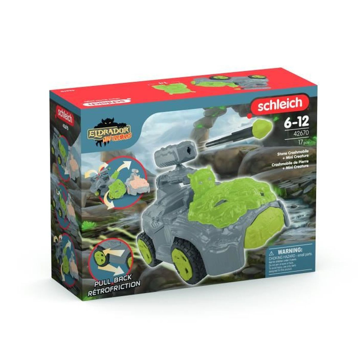 Eine Spielzeugschachtel zeigt ein graues Stein-Crashmobile mit grünen Rädern und einem grünen Kreatur oben, mit der Marke Schleich.