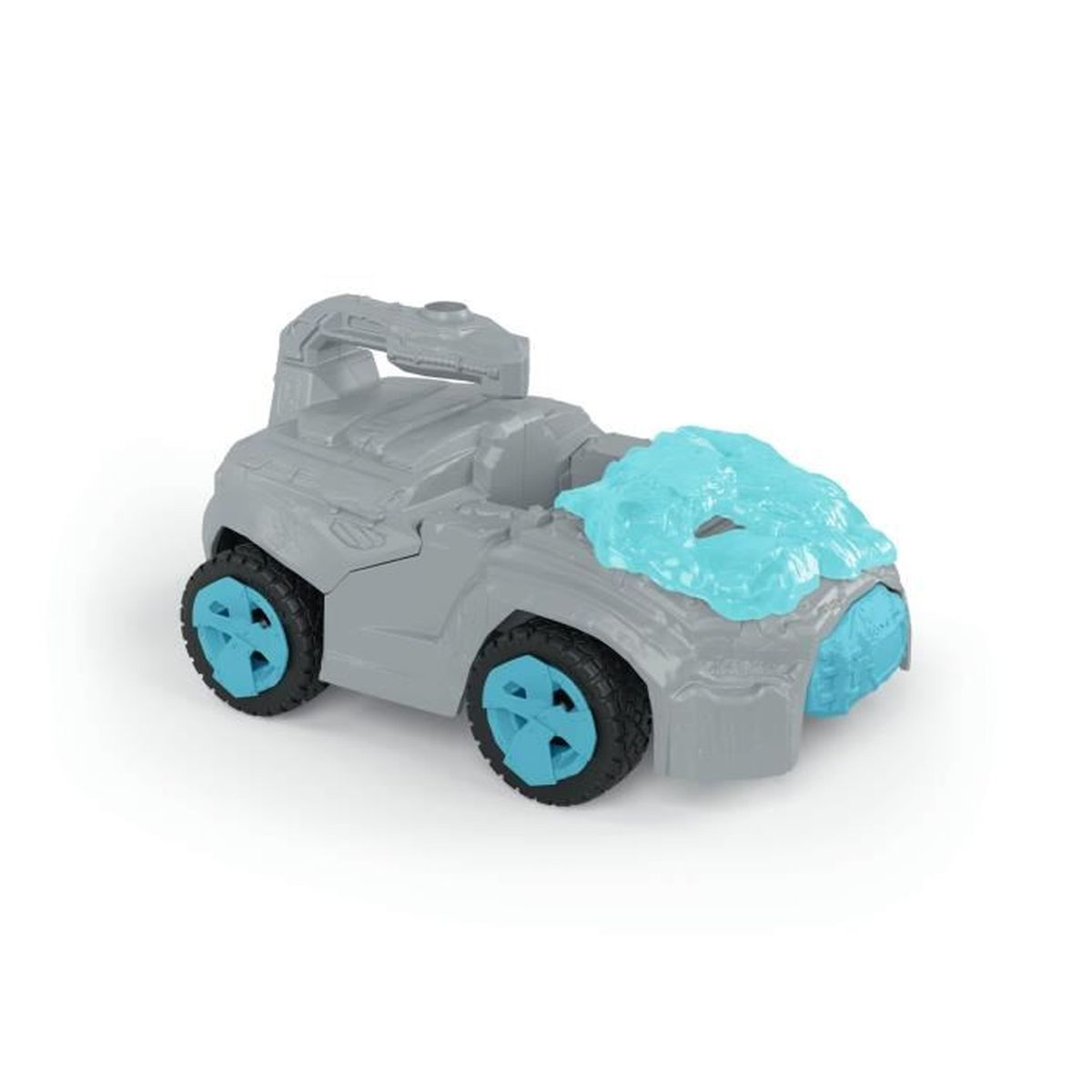 Graues Spielzeugfahrzeug mit blauen Rädern und einer eisartigen blauen Struktur auf der Motorhaube, vor weißem Hintergrund.