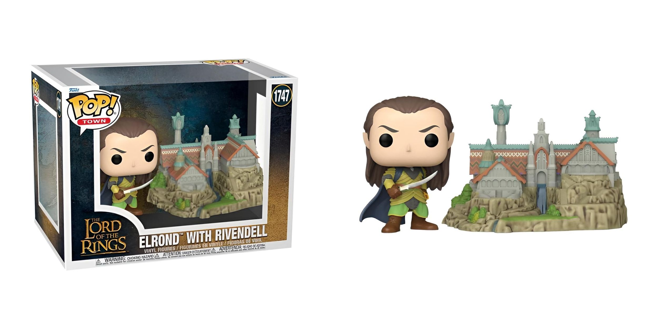 Figurka Funko Pop Elronda z Rivendell. Pudełko i figurka są widoczne. Elrond trzyma miecz.