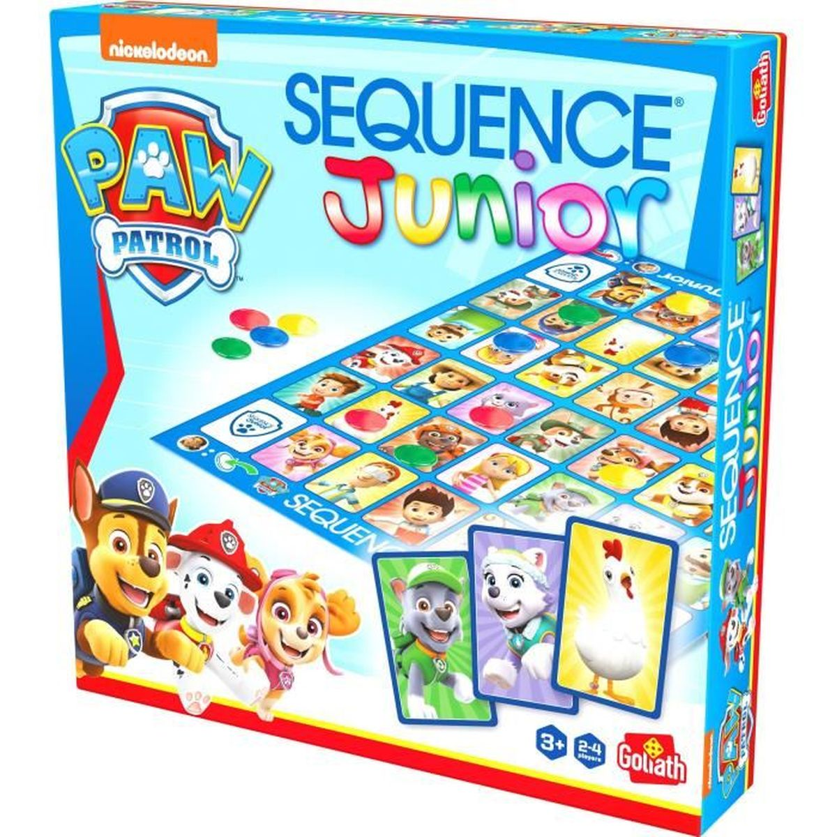 Una caja del juego Paw Patrol Sequence Junior. Muestra el tablero, cartas y personajes de Paw Patrol. Colores brillantes y estilo de dibujos animados.
