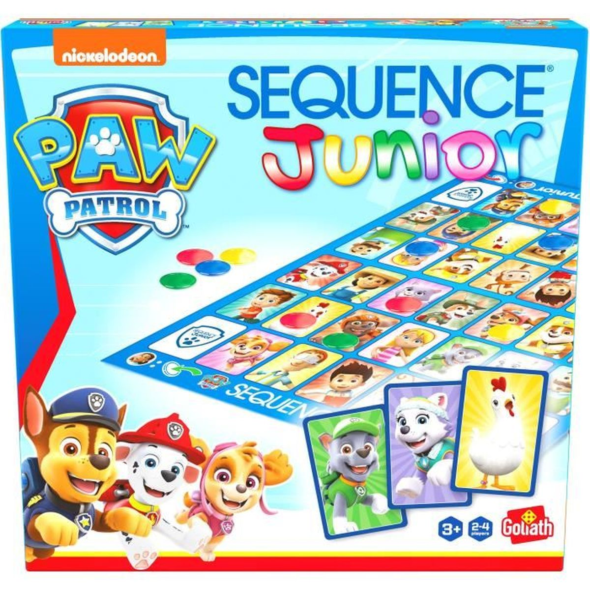 Una caja del juego Paw Patrol Sequence Junior. Muestra el tablero, las cartas y los personajes de Paw Patrol.