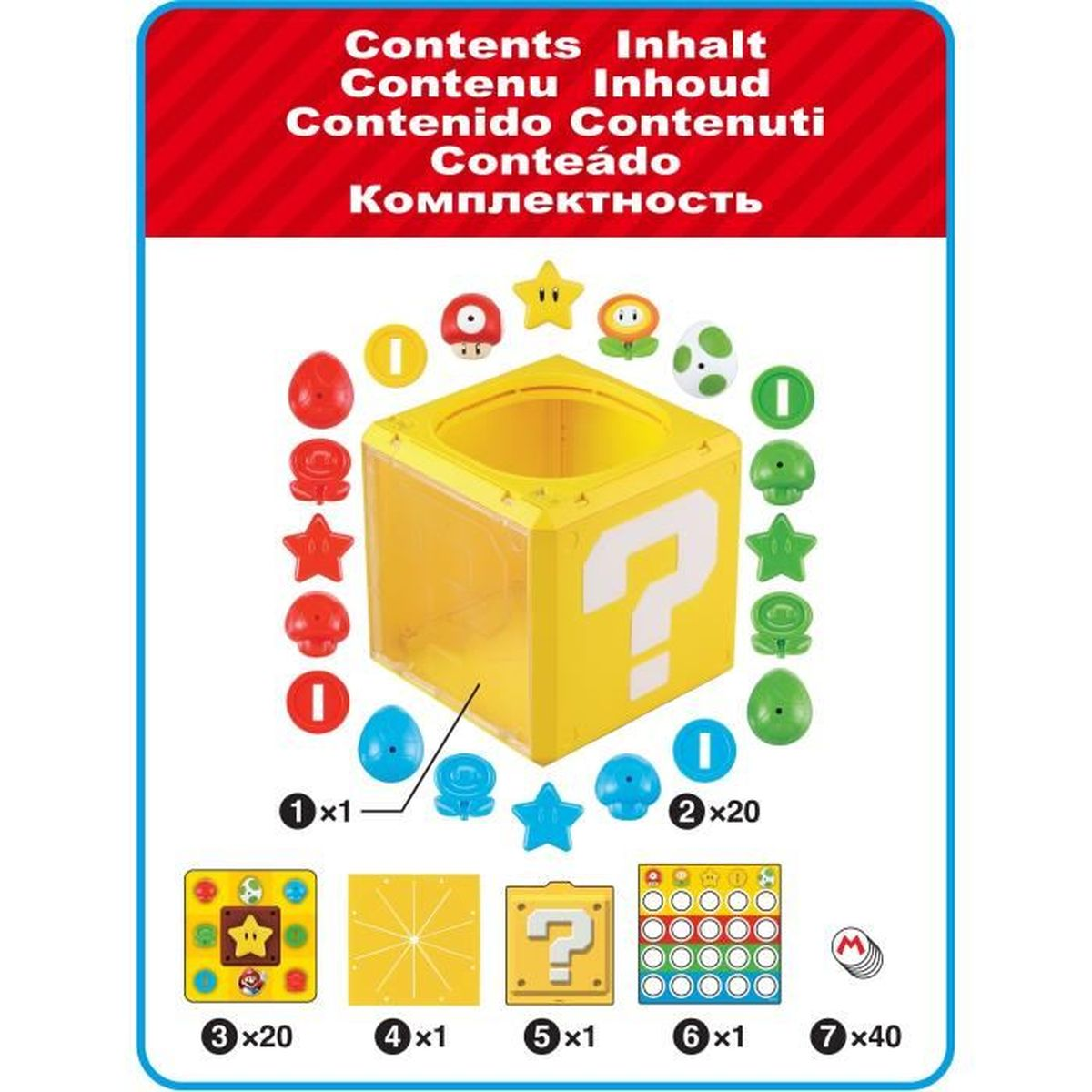 Een gele vraagtekendoos met verschillende Mario-thema-accessoires zoals sterren, paddenstoelen en munten. Inclusief spelonderdelen en instructies.