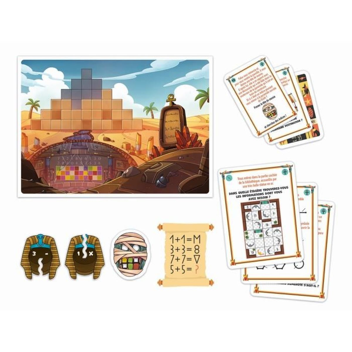 Board game components: pyramid, cards, mummy, pharaohs, and scroll with math equations. Desert scene in background.
