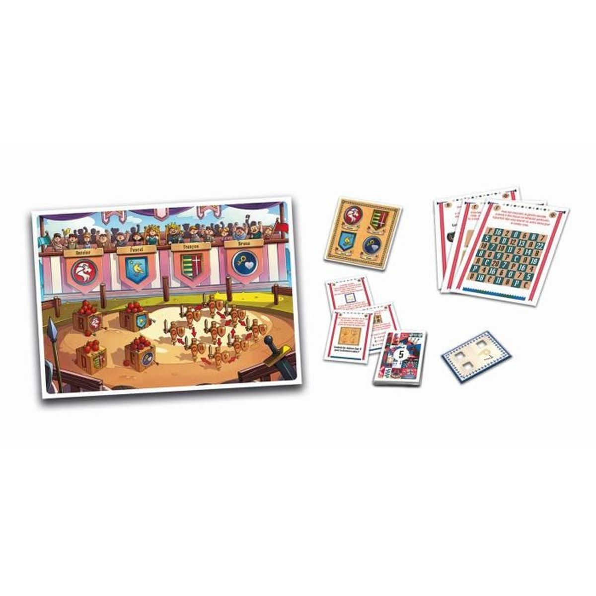 A board game with a jousting arena, cards, and figures. Spectators watch from above. Several cards with numbers and symbols are present.