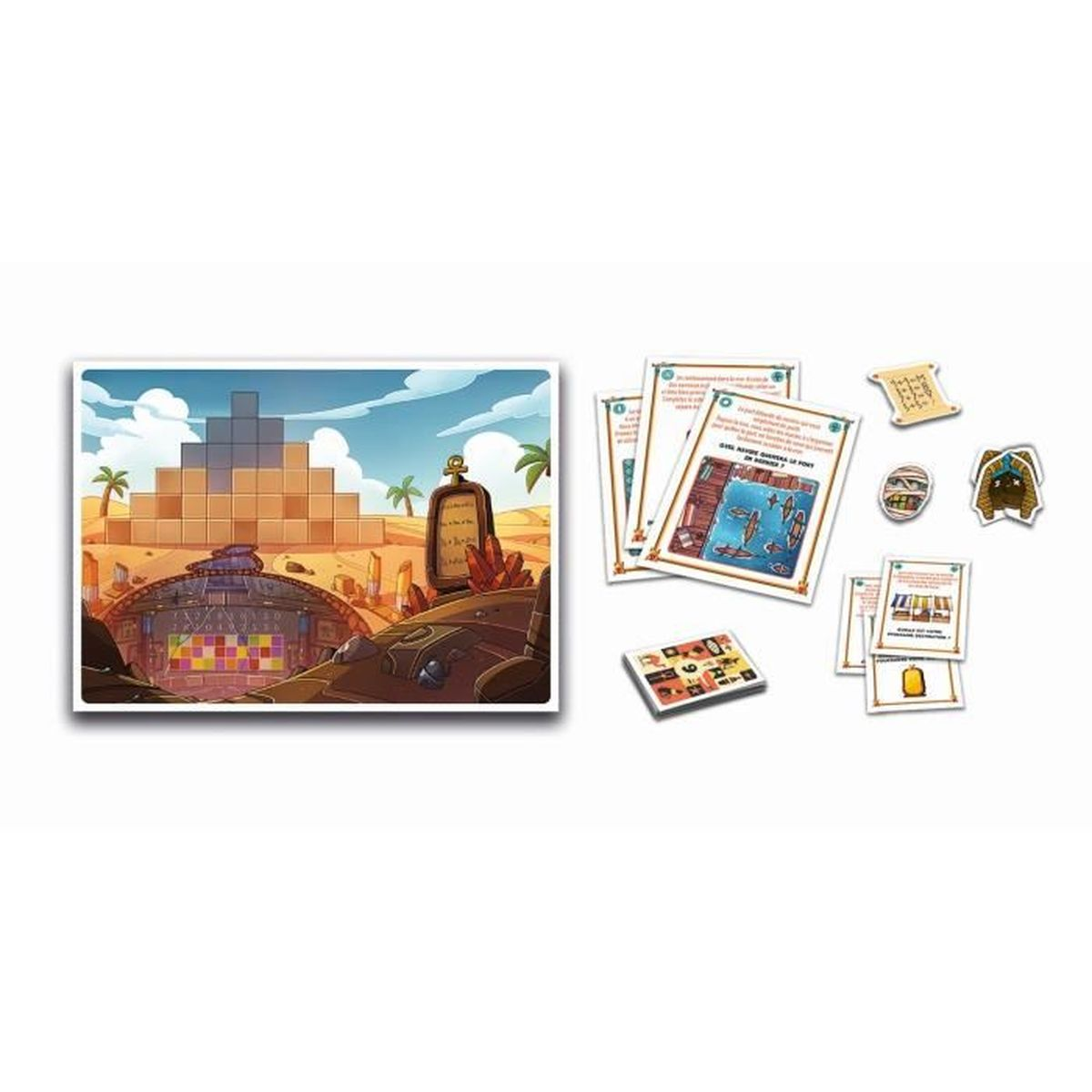 Board game components: game board with pyramid, cards, and tokens. Scene depicts a desert landscape with blue sky and palm trees.