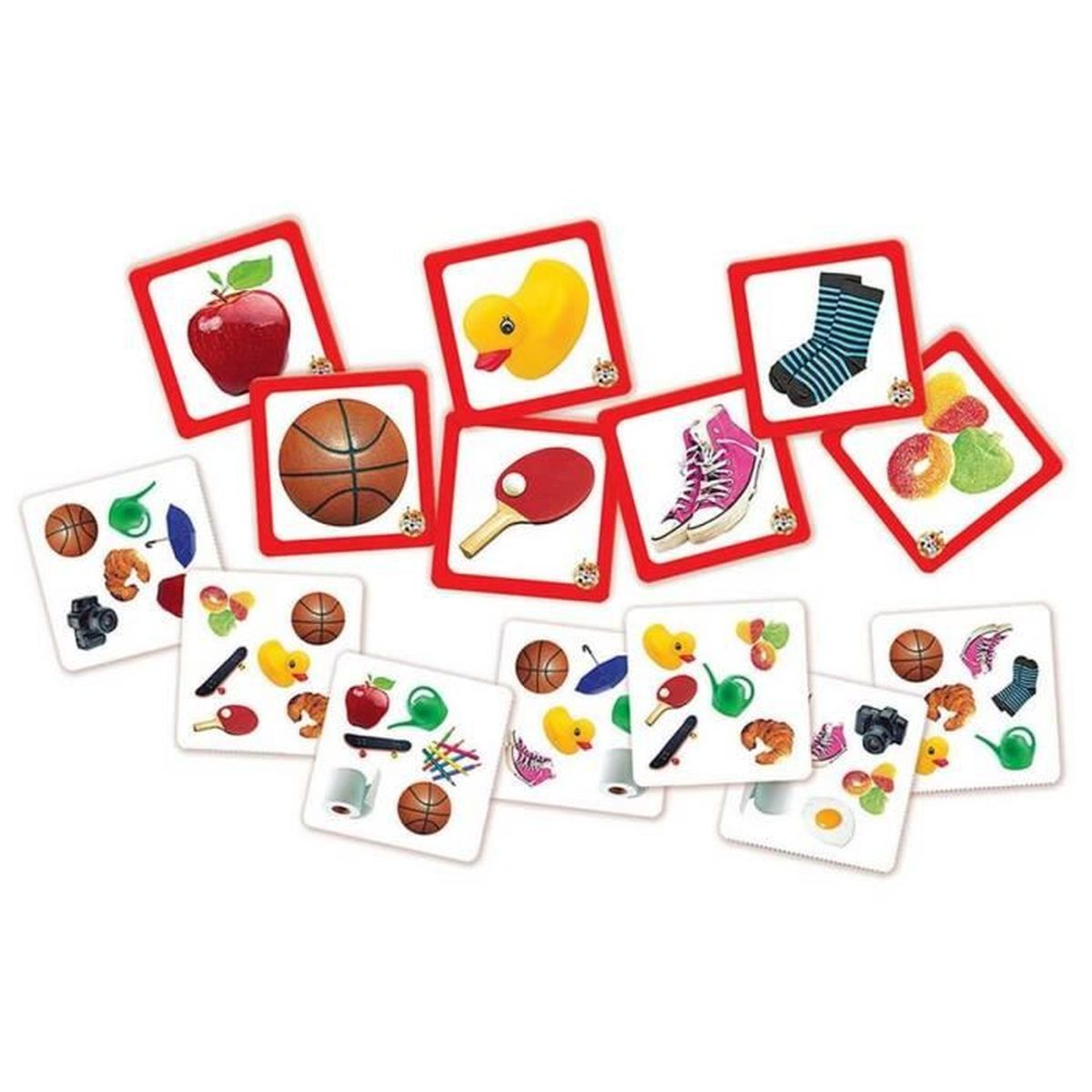 Ein Spiel mit Karten. Jede Karte hat ein Bild eines Objekts. Zu den Objekten gehören Basketball, Apfel, Ente, Schuhe und Socken.