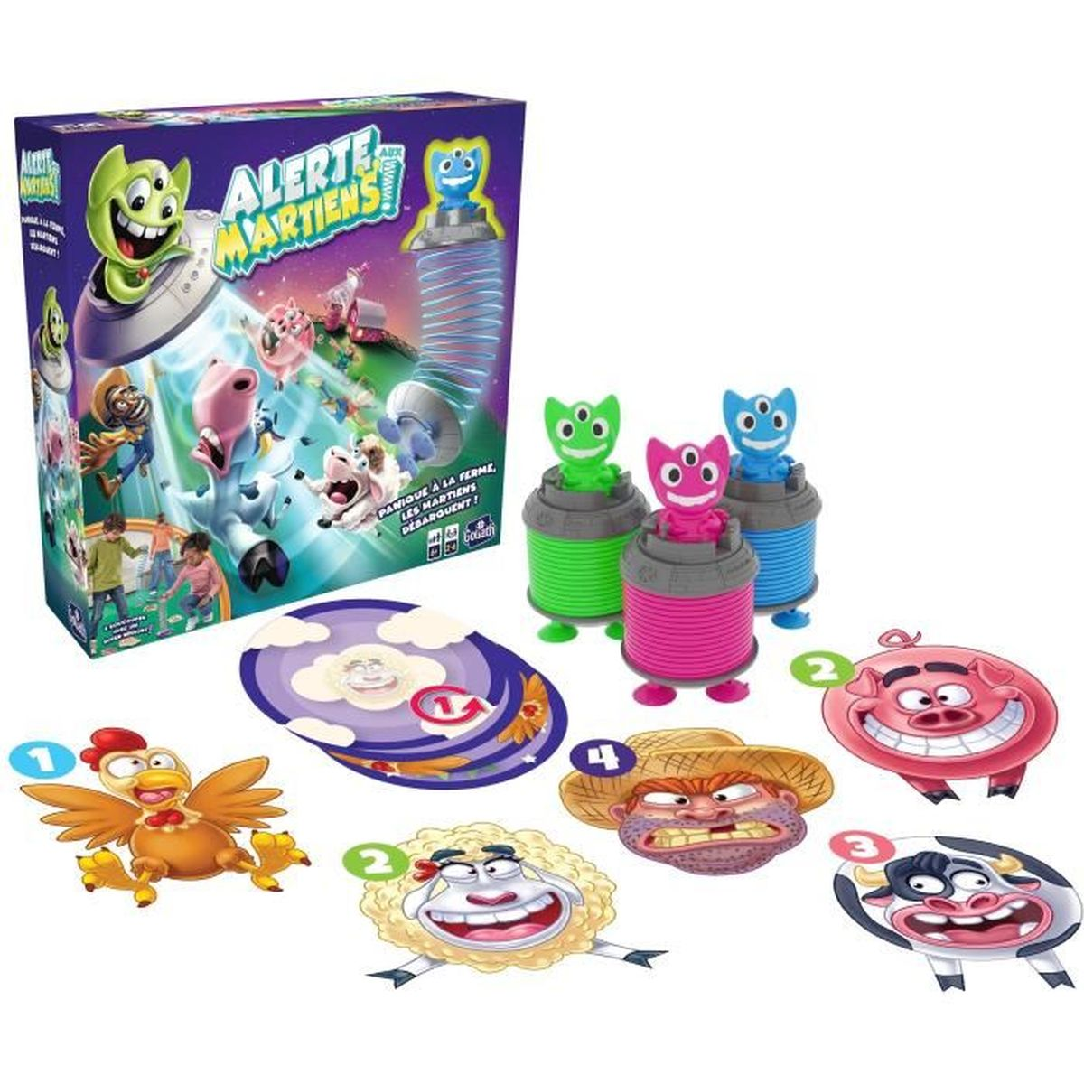 Brettspiel mit Aliens und Hoftieren. Grüne, rosa und blaue Alienfiguren. Spielsteine mit Huhn, Schaf, Schwein, Kuh und Bauer.