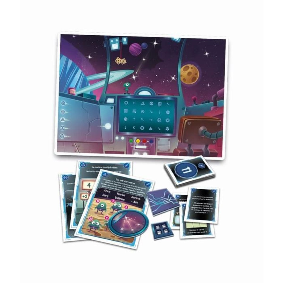 Ein Spielbrett mit Weltraumthema. Karten und Spielsteine liegen unter einer Illustration eines Raumschiffcockpits mit Planeten verstreut.