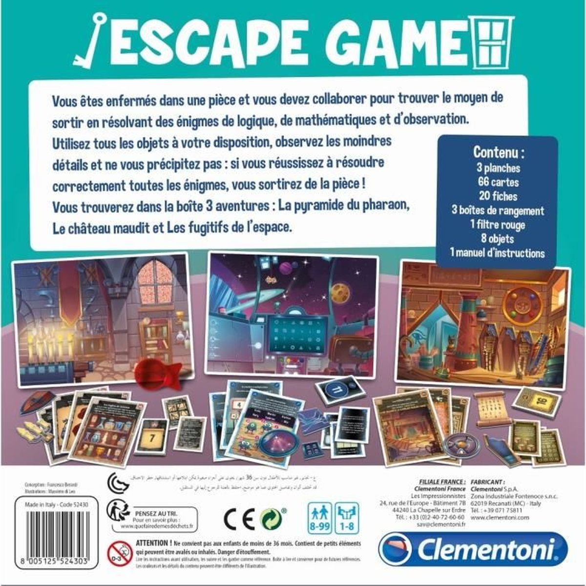 Schachtel eines Escape-Spiels mit Text, Illustrationen von Spielszenen und Spielteilen.