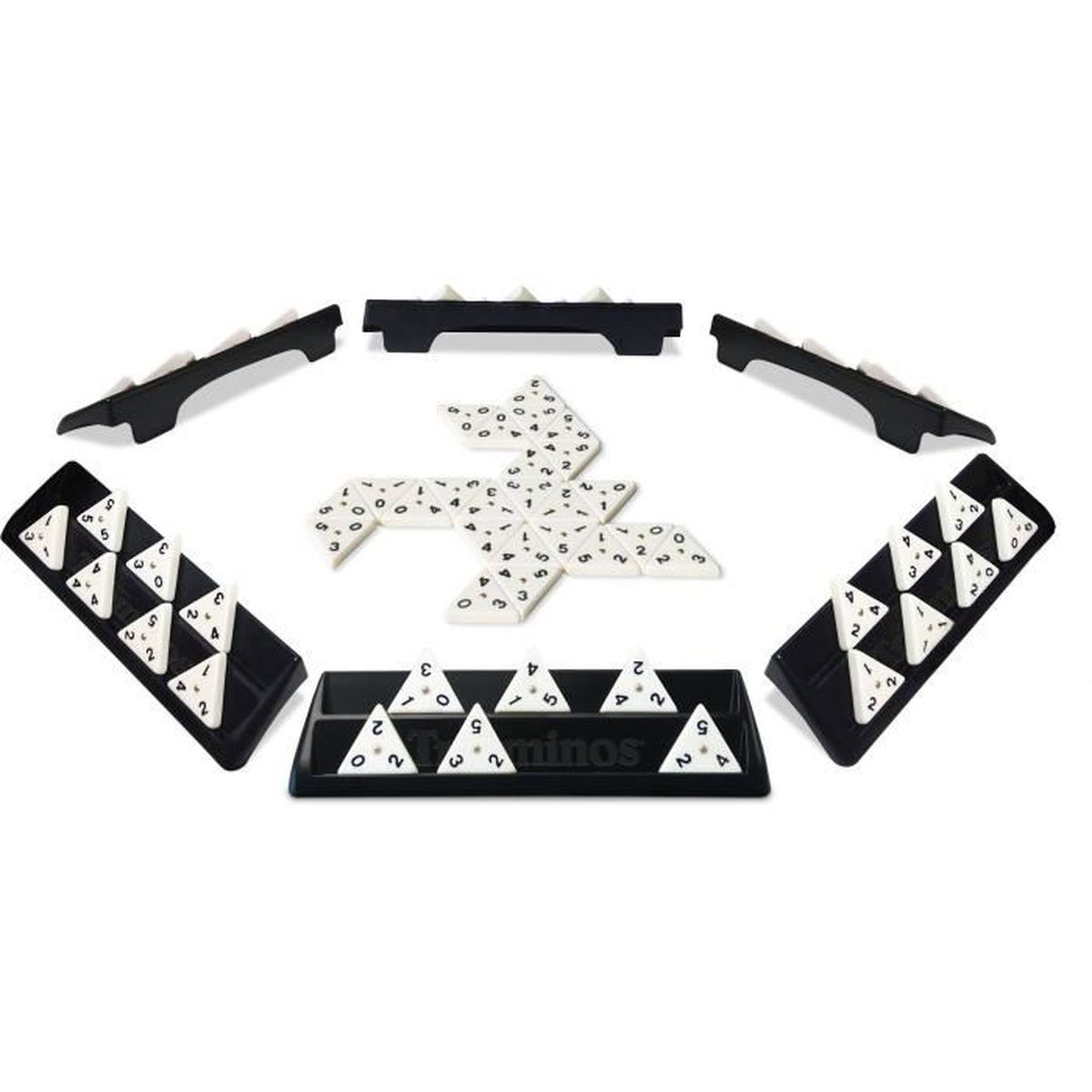 Un set di domino triangolare, supporti neri con domino bianchi che mostrano numeri. Al centro, una formazione di domino.